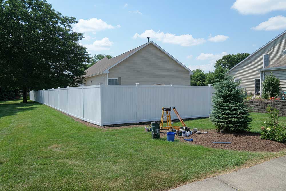 A contractor measuring and installing a vinyl fence to define a property boundary.