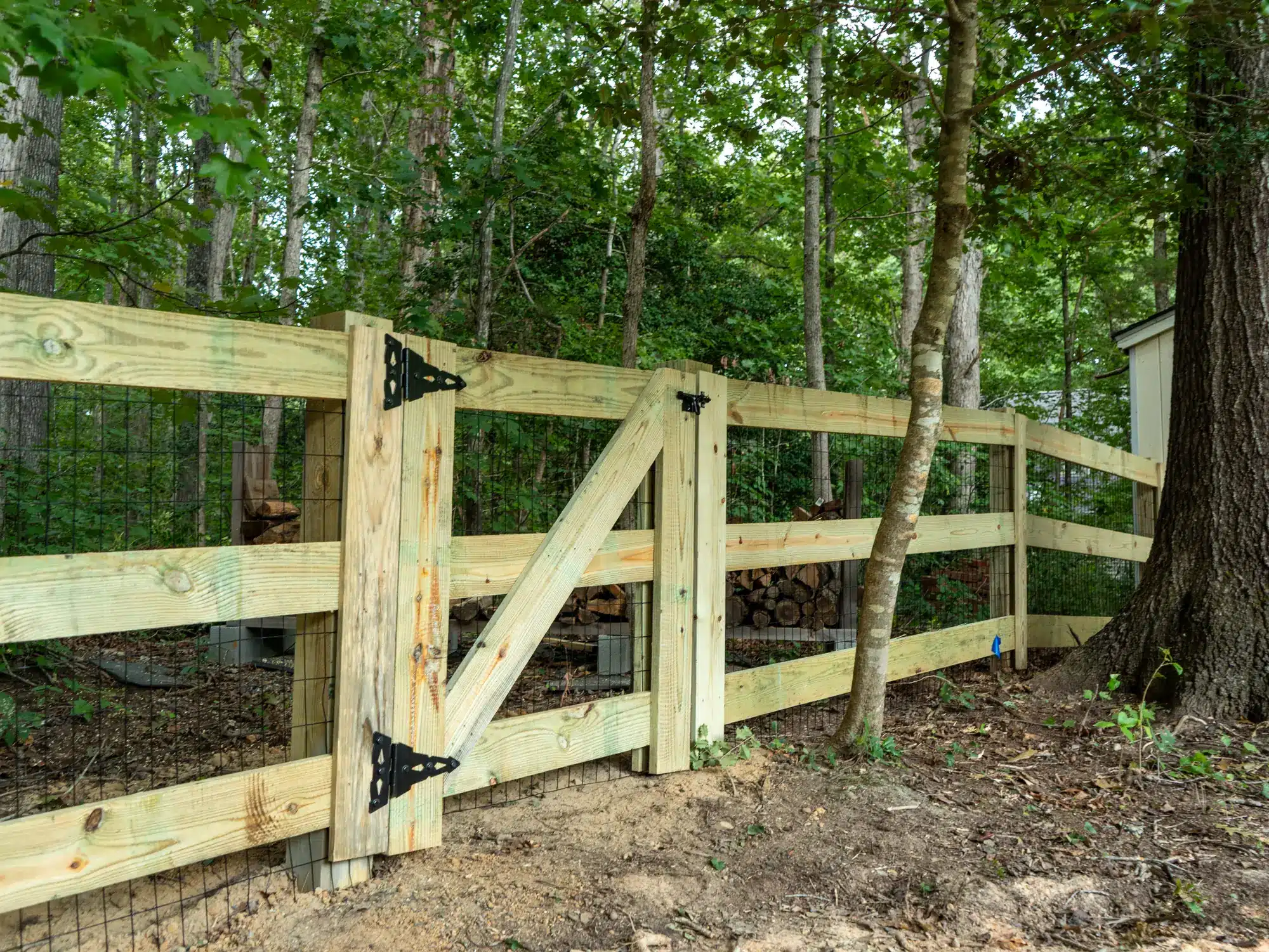 Wire-backed three-board paddock, a classic wood and wire fence, with a Z-braced gate in a wooded Montpelier yard