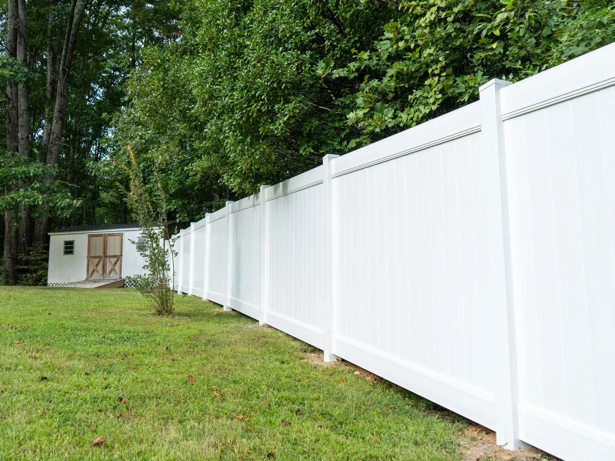 6 foot white vinyl privacy fence running toward a backyard shed in Montpelier, Virginia