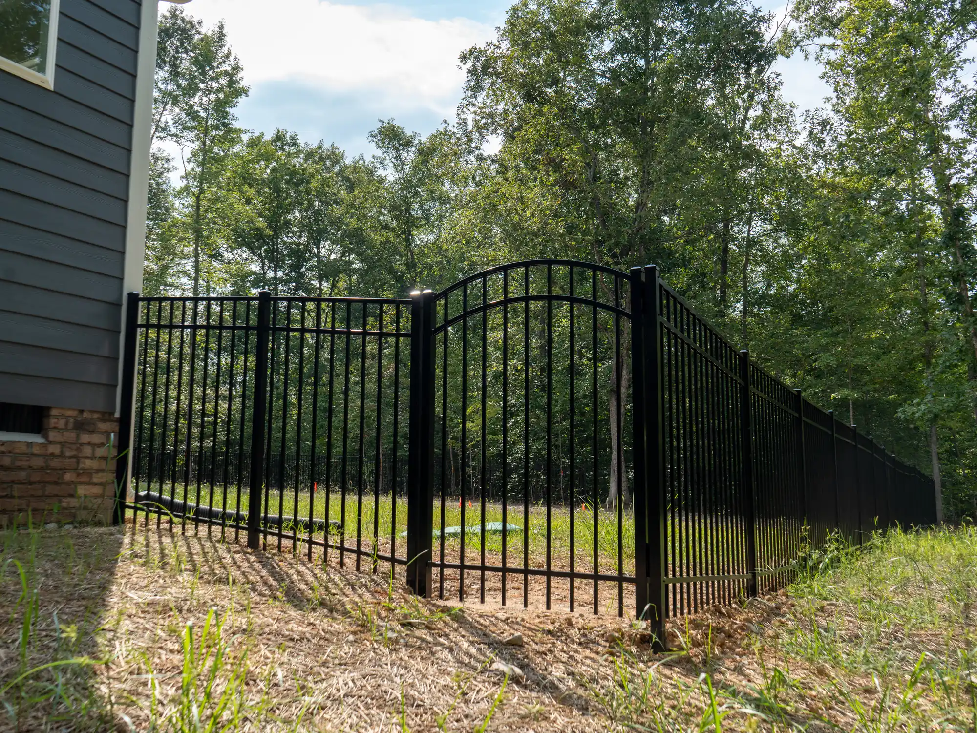 Arched black aluminum gate next to a side entry door with a wall light beside it