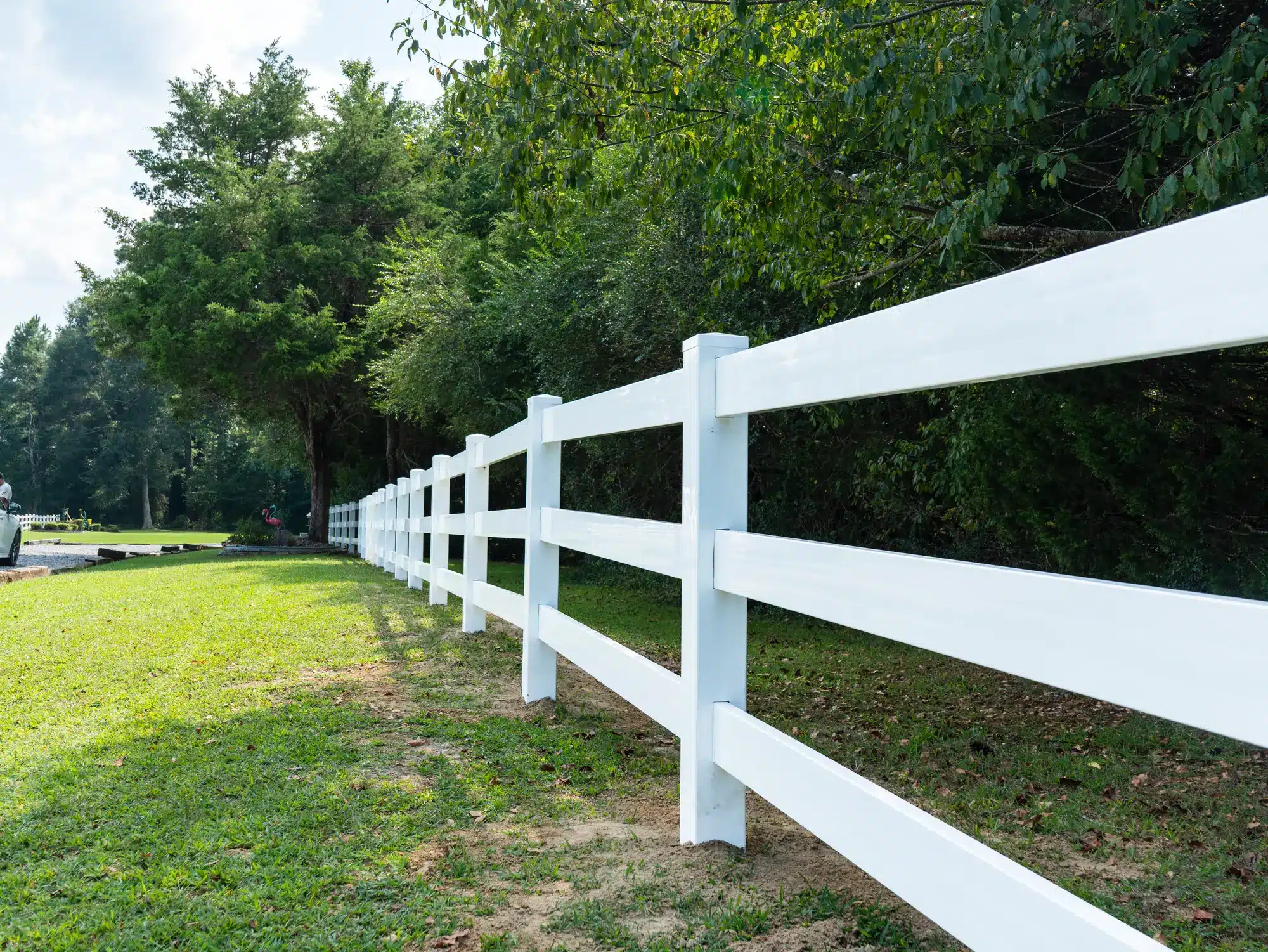 Three white rails curving along a wooded property line on a sunny day