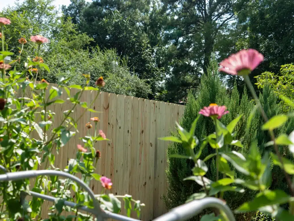 Garden flowers in front of a new unstained wood privacy fence in Richmond, Virginia