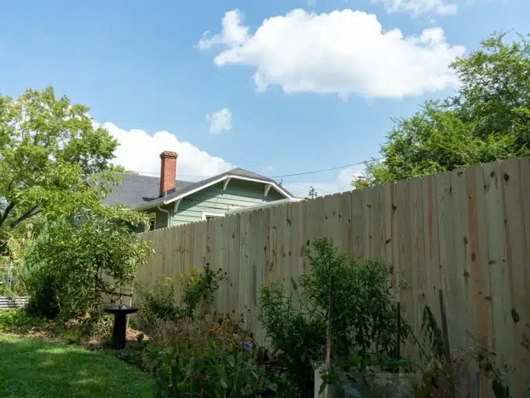 Wood privacy fence in Richmond, VA rising behind garden plantings in a city backyard